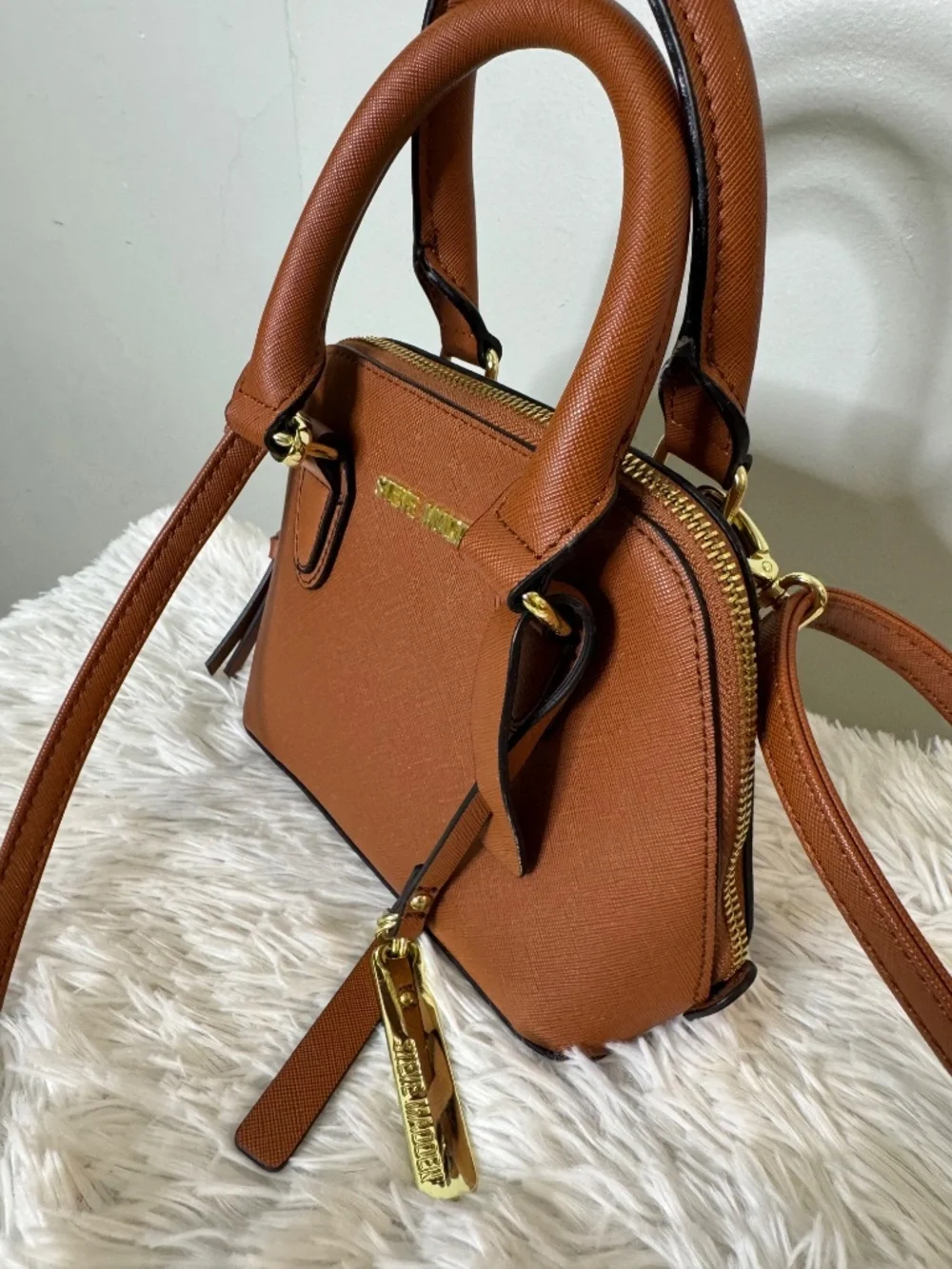 Steve Madden Small Brown Satchel Crossbody Bag with Detachable Strap.